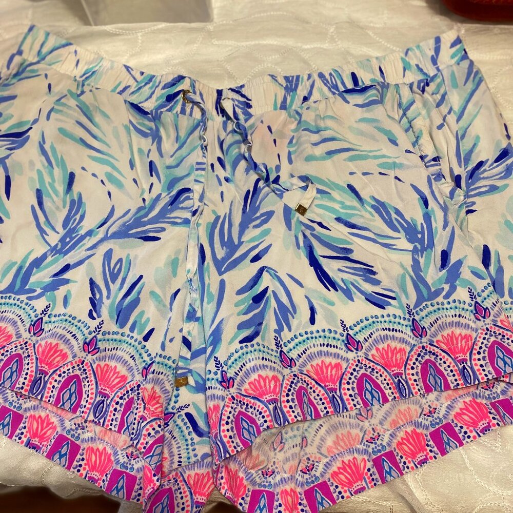 Lilly Pulitzer White Shorts with Blue, Turquoise & Pink Floral Border